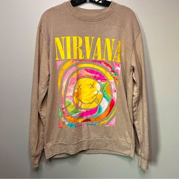 Nirvana Oversized Cream & Rainbow Tie Dye Sweatshirt Unisex Crew Neck Size Small - Picture 1 of 11